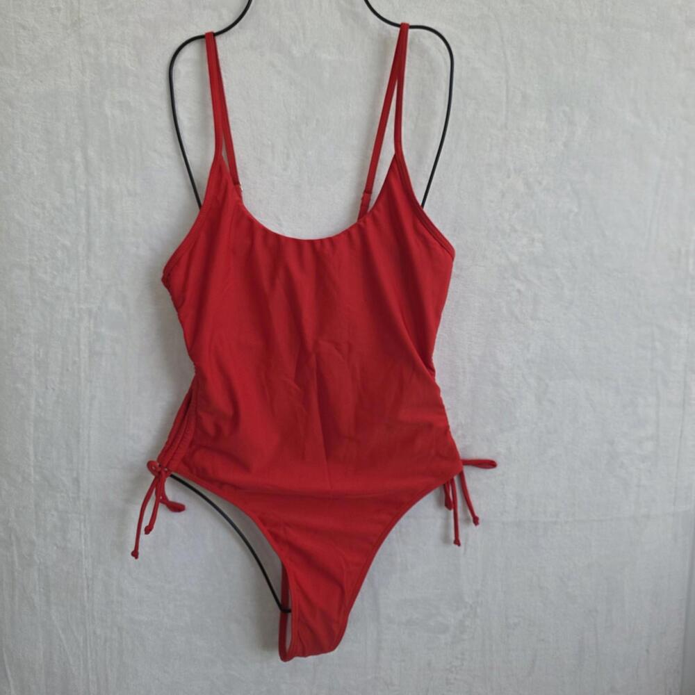 One Piece Bikini Rib Ruched Red Swimsuit Women's Size Medium